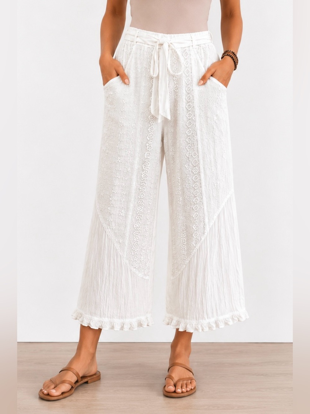 Young Threads White Embroidered Wide Leg Pants | Boho Cottagecore Resort XLG - Picture 7 of 8